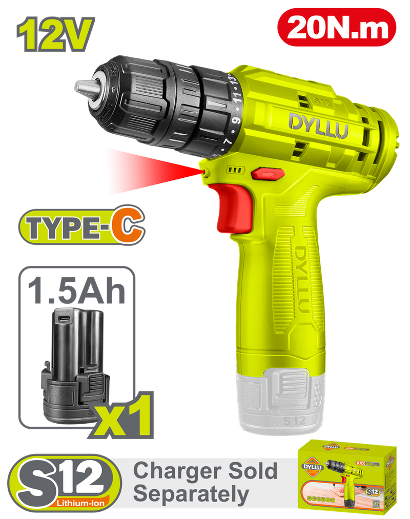 Taladro Inalambrico 3/8 12V 20Nm  Incluye 1 Bateria 1.5Ah  Cargador No Incluido Total (Dtcds510)
