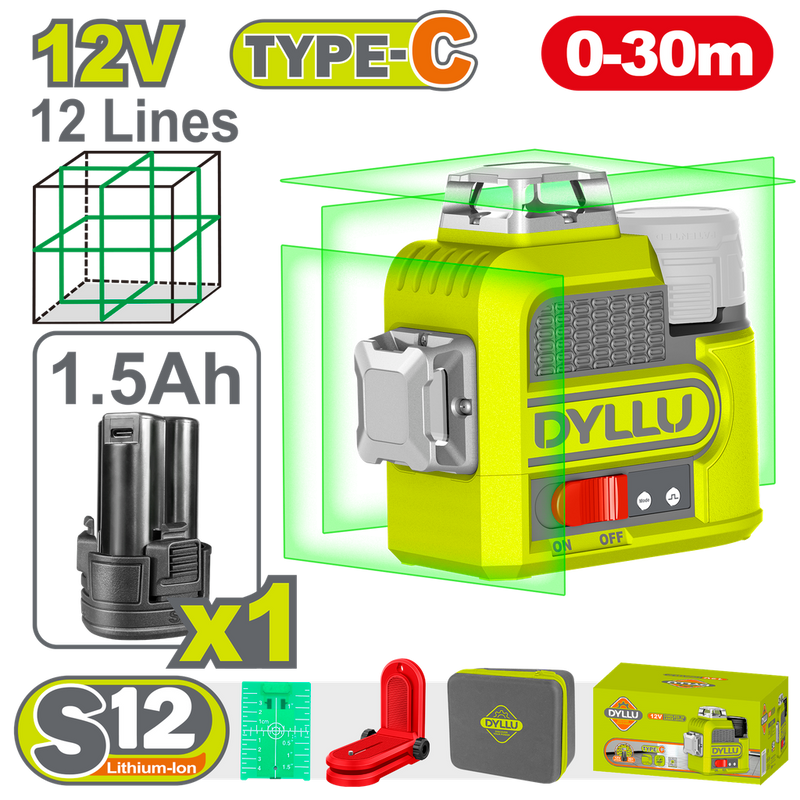NIVEL LASER 0-30M 12V LUZ VERDE 3D 12 LINEAS RECARGABLE TIPO USB-C DYLLU (DTLE8M12)