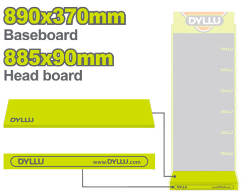 EXHIBIDOR DYLLU BANDEJA PISO + TABLERO CON LOGO (DTPJ2A03)(890X370-MM)(885X90-MM)