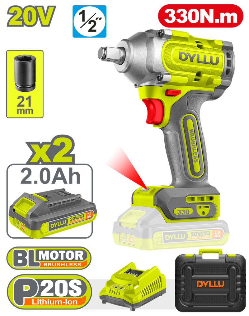 Pistola Impacto Inalambrica 1/2 20V 330Nm Incluye 2 Baterias 2.0Ah 1 Cargador  Dyllu (Udtcd1B33)