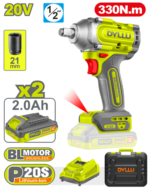 Pistola Impacto Inalambrica 1/2 20V 330Nm Incluye 2 Baterias 2.0Ah 1 Cargador  Dyllu (Udtcd1B33)