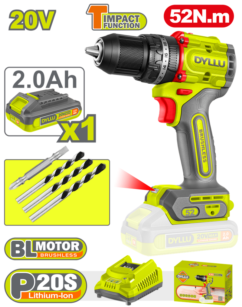 Taladro Inalambrico Percutor 1/2" 52 Nm 20V Caja Plastica Incluye 1 Baterias 20V (2.0Ah), 1 Cargador Y Accesorios Dyllu (Udtcdp5282)