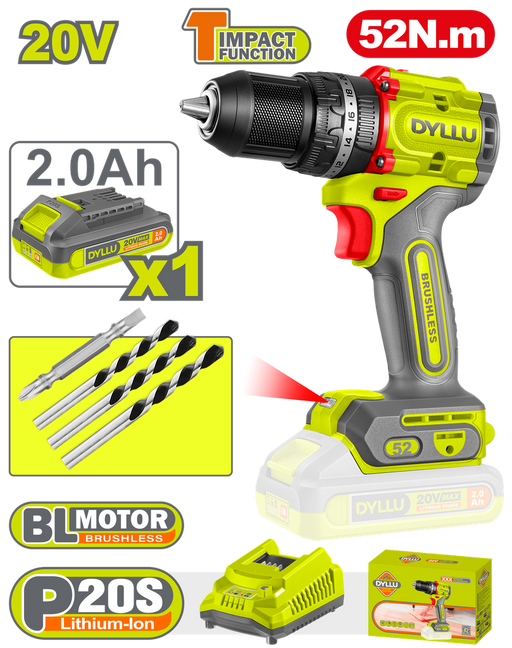 Taladro Inalambrico Percutor 1/2" 52 Nm 20V Caja Plastica Incluye 1 Baterias 20V (2.0Ah), 1 Cargador Y Accesorios Dyllu (Udtcdp5282)