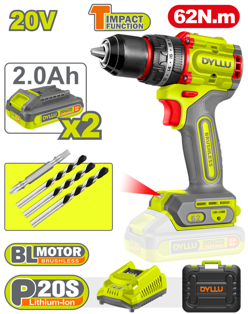 Taladro Inalambrico Percutor 1/2" 62 Nm 20V Caja Plastica Incluye 2 Baterias 20V (2.0Ah), 1 Cargador Y Accesorios Dyllu (Udtcdp6281)