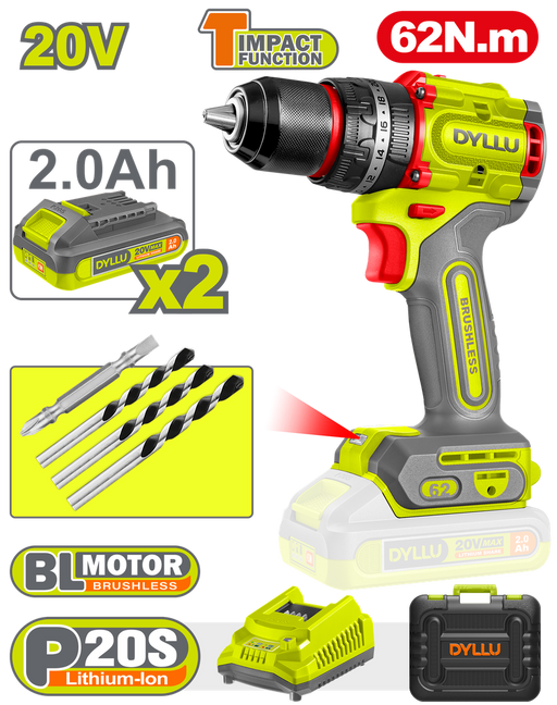 Taladro Inalambrico Percutor 1/2" 62 Nm 20V Caja Plastica Incluye 2 Baterias 20V (2.0Ah), 1 Cargador Y Accesorios Dyllu (Udtcdp6281)