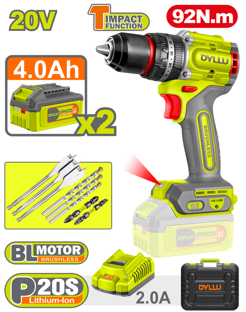 Taladro Inalambrico Percutor 1/2" 92 Nm 20V Caja Plastica Incluye 2 Baterias 20V (4.0Ah), 1 Cargador Y Accesorios Dyllu (Udtcdp9281)
