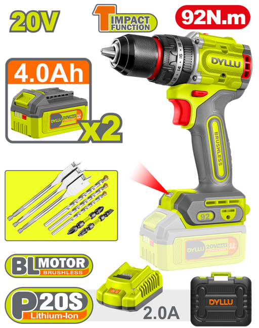 Taladro Inalambrico Percutor 1/2" 92 Nm 20V Caja Plastica Incluye 2 Baterias 20V (4.0Ah), 1 Cargador Y Accesorios Dyllu (Udtcdp9281)